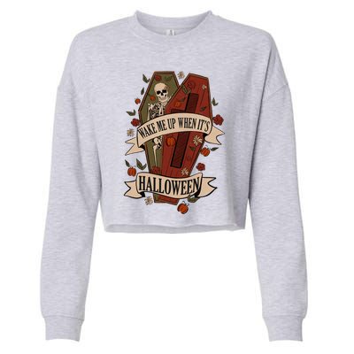 Wake Me Up When Its Halloween Funny Skeleton Coffin Cropped Pullover Crew
