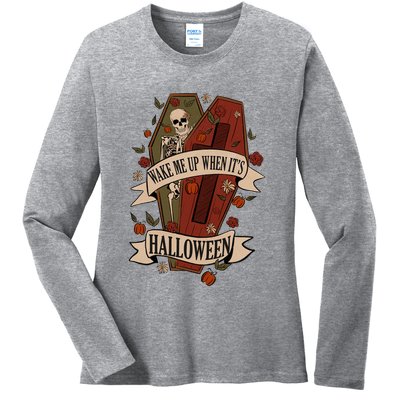 Wake Me Up When Its Halloween Funny Skeleton Coffin Ladies Long Sleeve Shirt