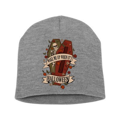 Wake Me Up When Its Halloween Funny Skeleton Coffin Short Acrylic Beanie