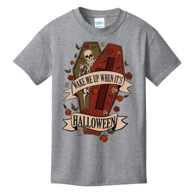 Wake Me Up When Its Halloween Funny Skeleton Coffin Kids T-Shirt