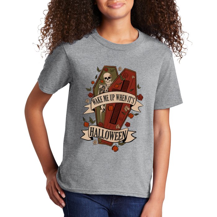 Wake Me Up When Its Halloween Funny Skeleton Coffin Kids T-Shirt