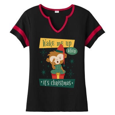 Wake Me Up When It's Christmas Monkey Cute Ladies Halftime Notch Neck Tee