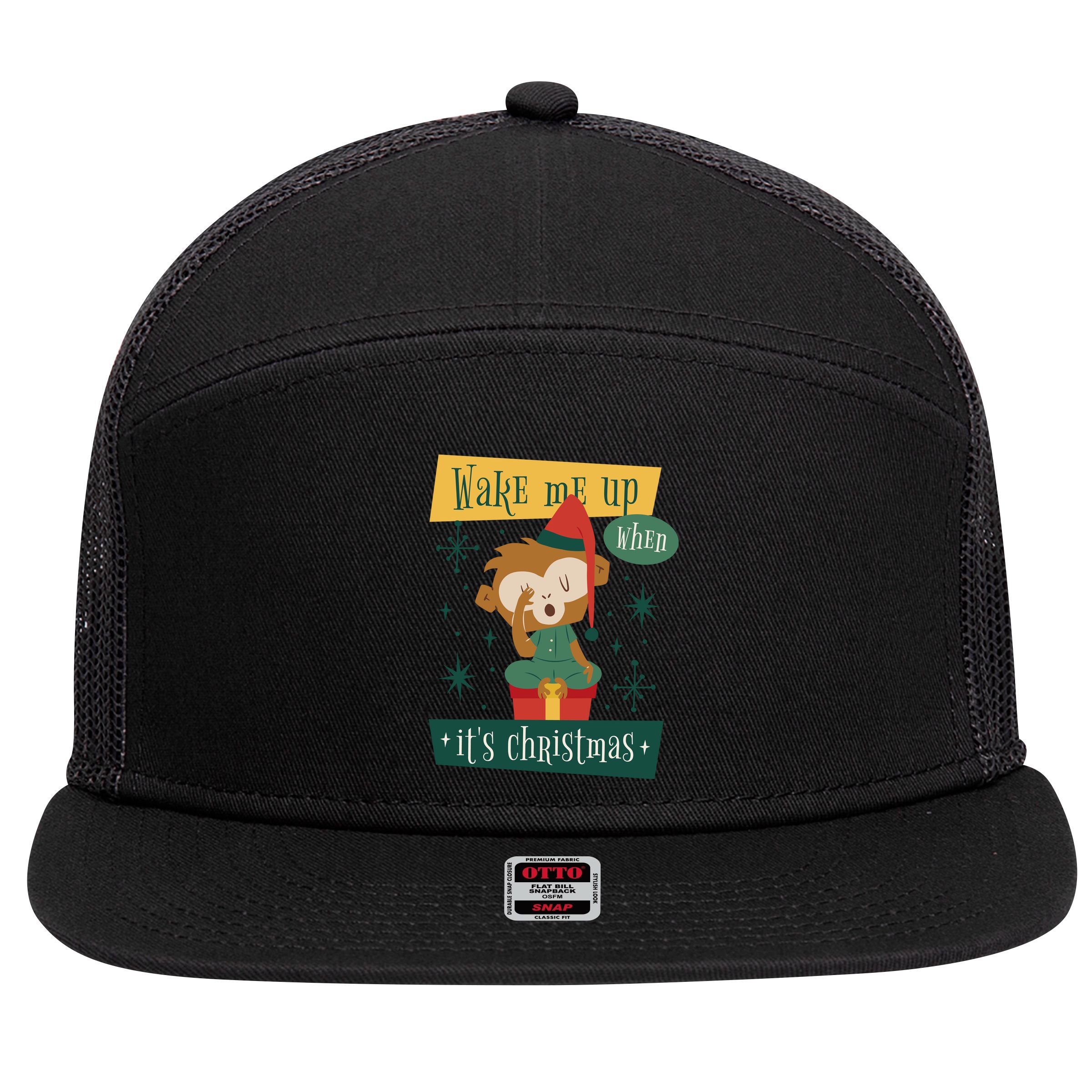 Wake Me Up When It's Christmas Monkey Cute 7 Panel Mesh Trucker Snapback Hat