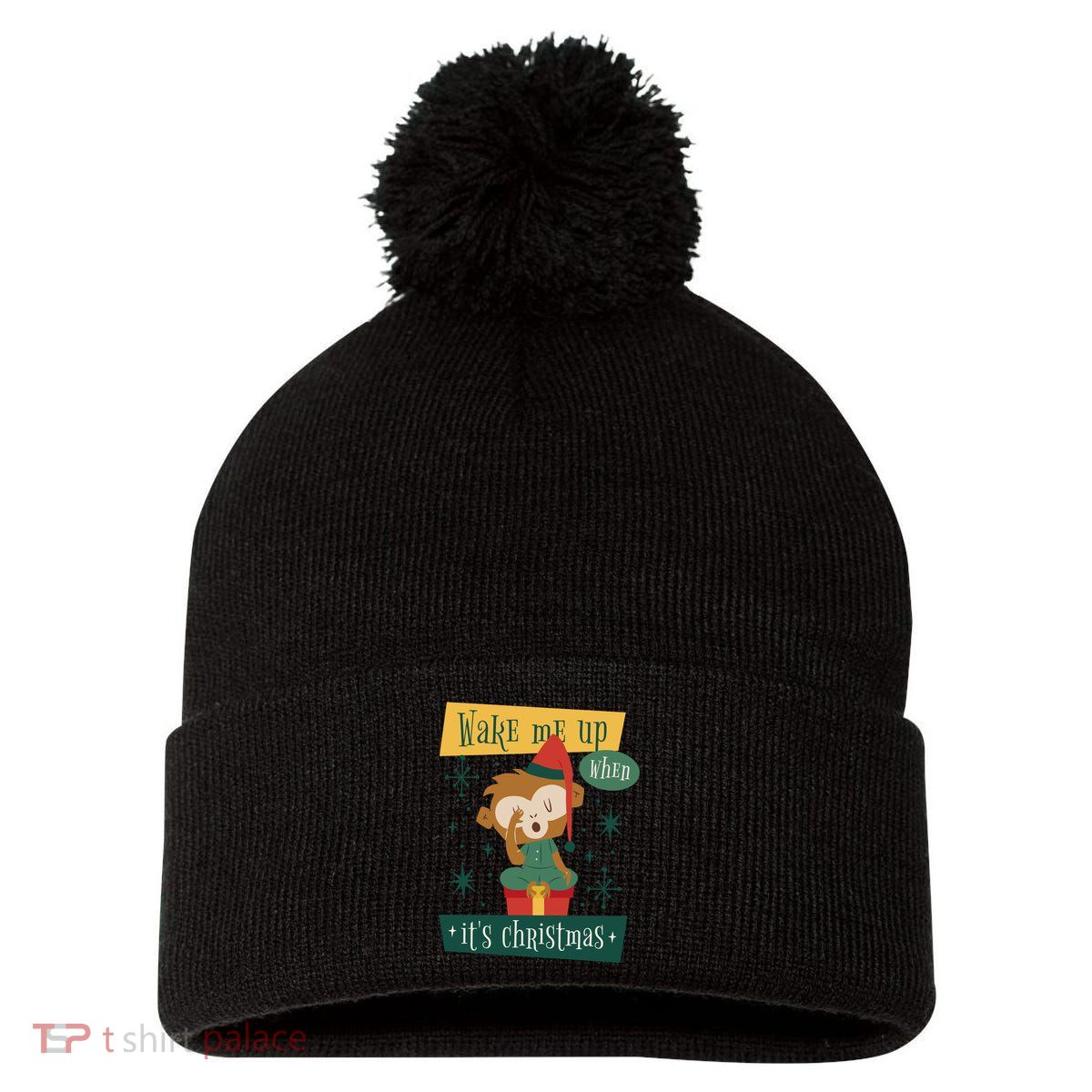 Wake Me Up When It's Christmas Monkey Cute Pom Pom 12in Knit Beanie