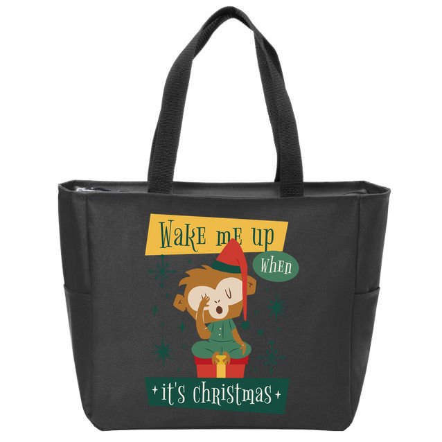 Wake Me Up When It's Christmas Monkey Cute Zip Tote Bag