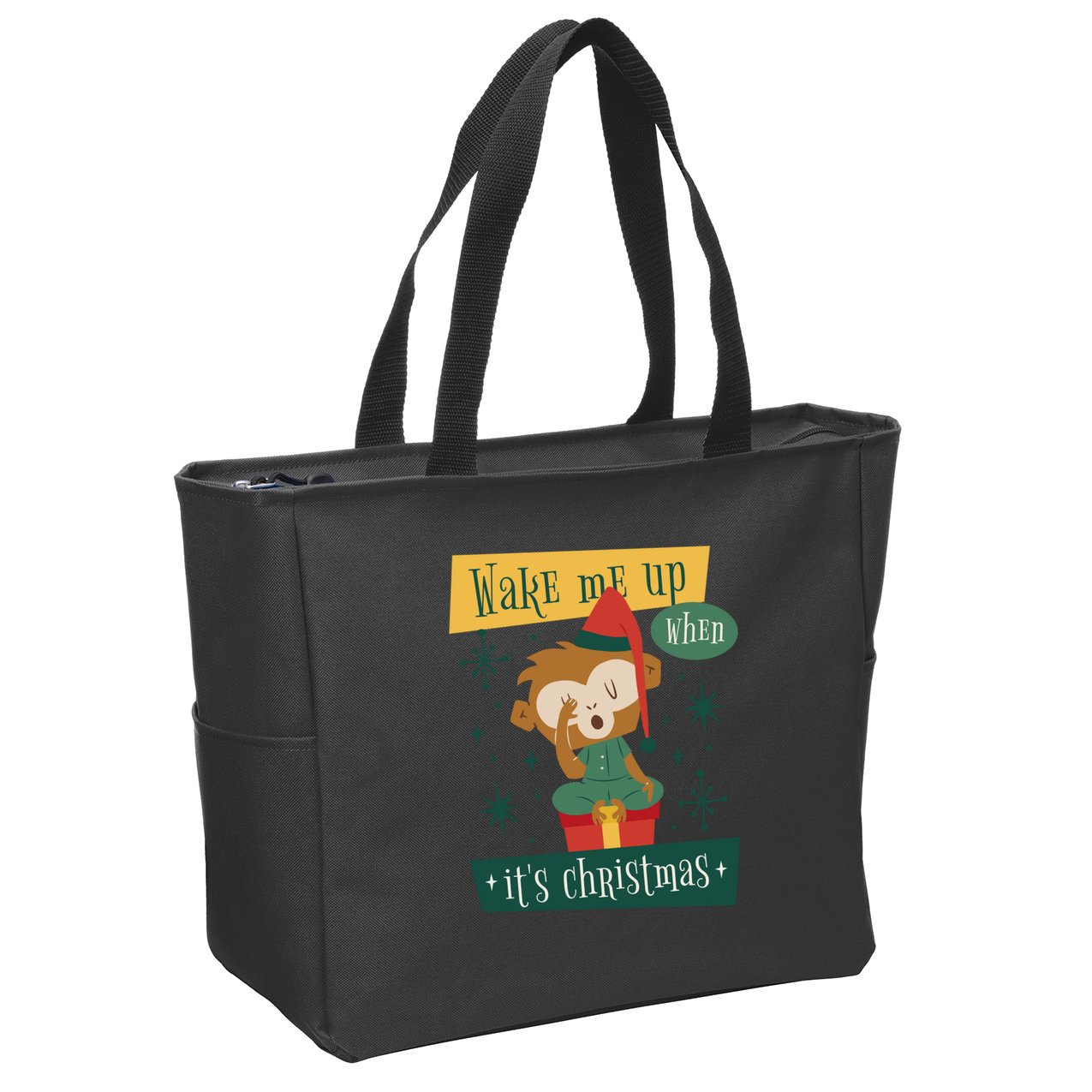 Wake Me Up When It's Christmas Monkey Cute Zip Tote Bag