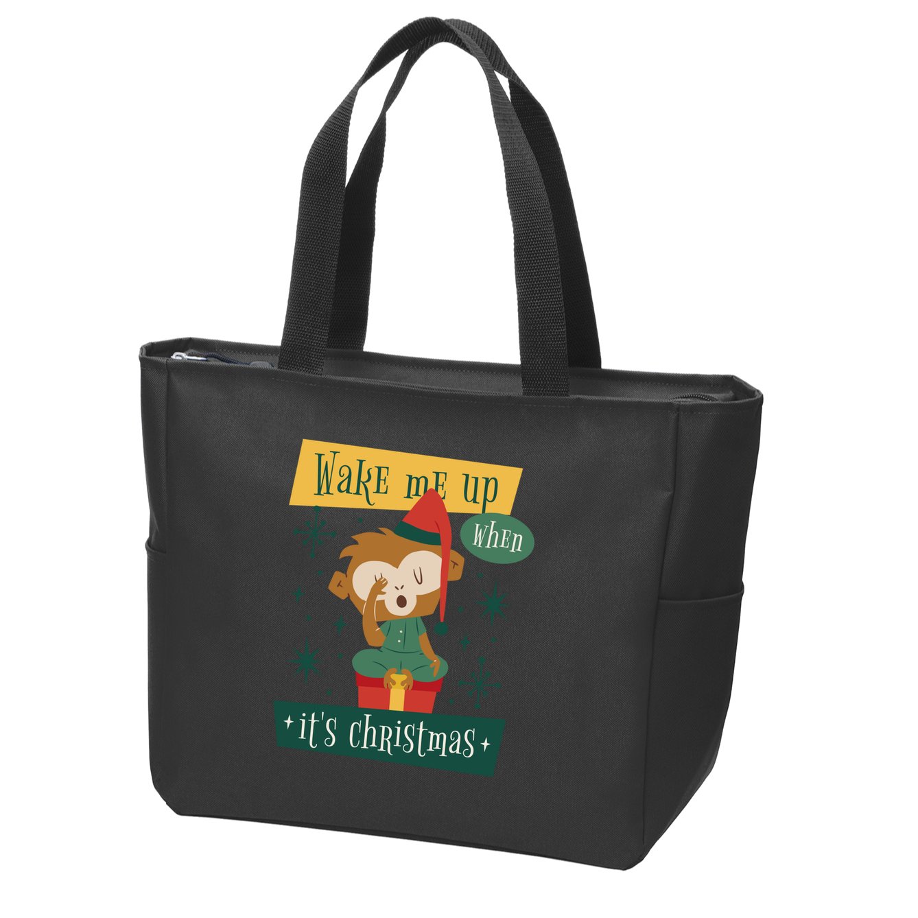 Wake Me Up When It's Christmas Monkey Cute Zip Tote Bag