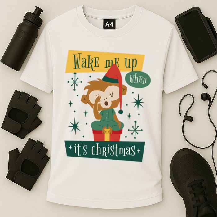 Wake Me Up When It's Christmas Monkey Cute Cooling Performance Crew T-Shirt