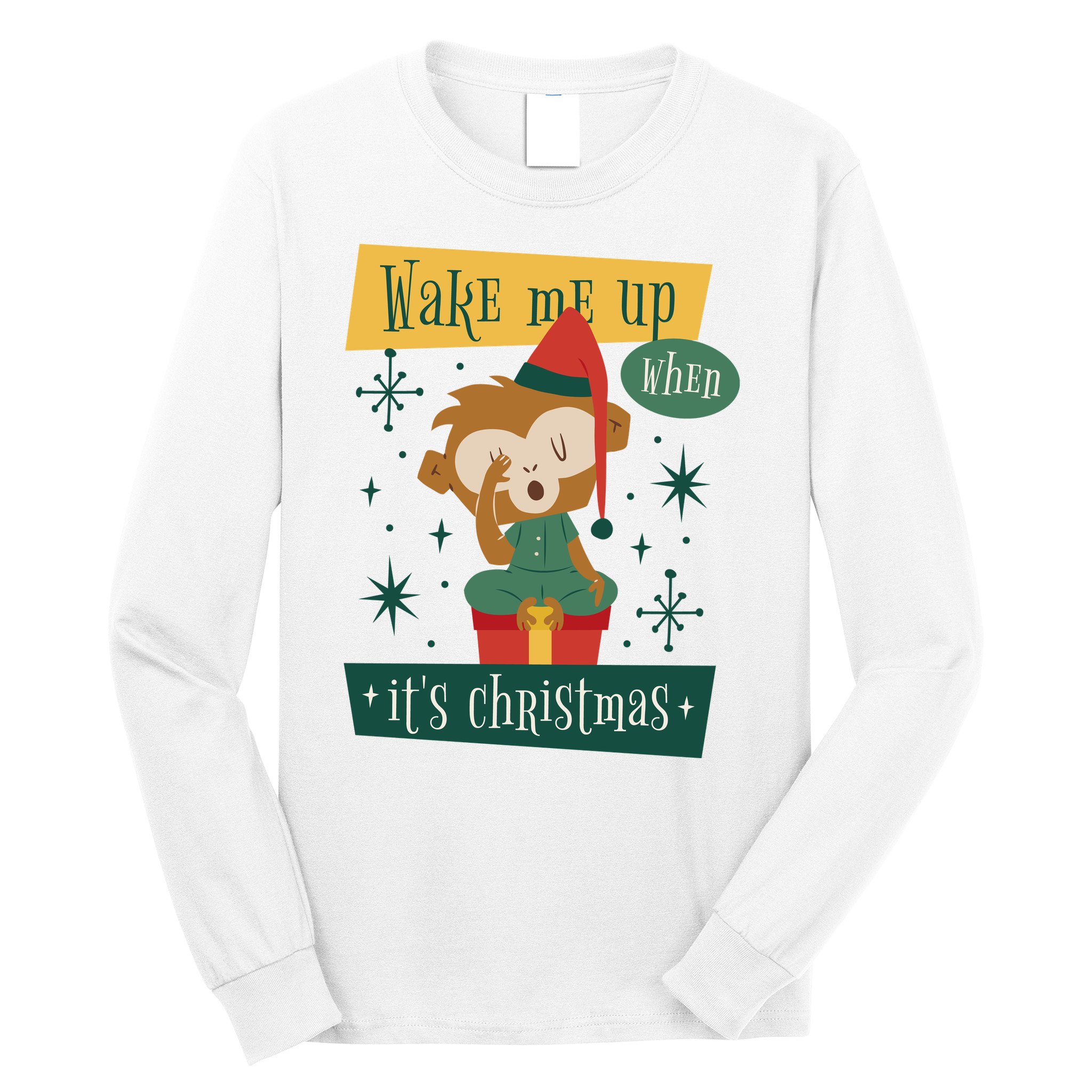 Wake Me Up When It's Christmas Monkey Cute Long Sleeve Shirt