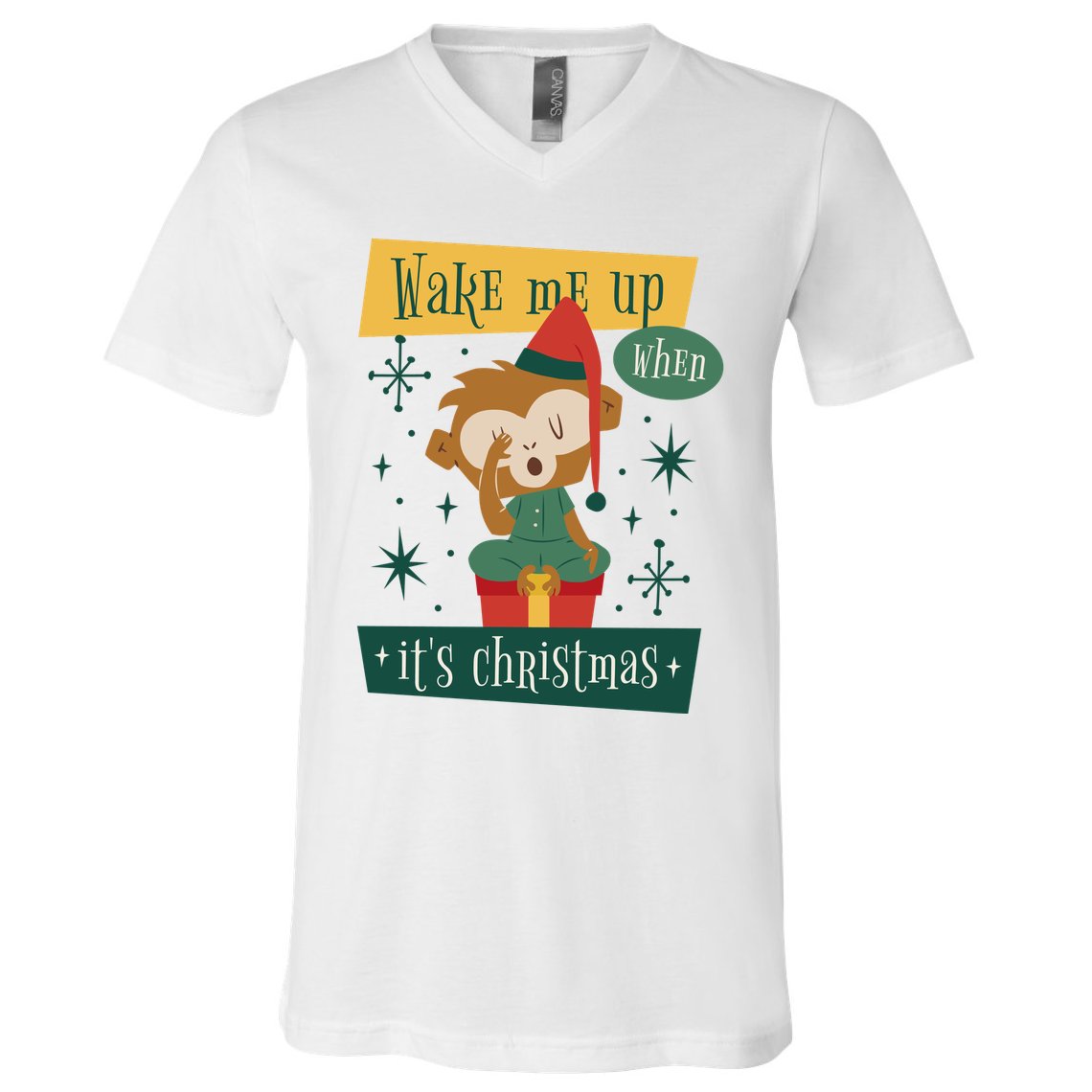 Wake Me Up When It's Christmas Monkey Cute V-Neck T-Shirt