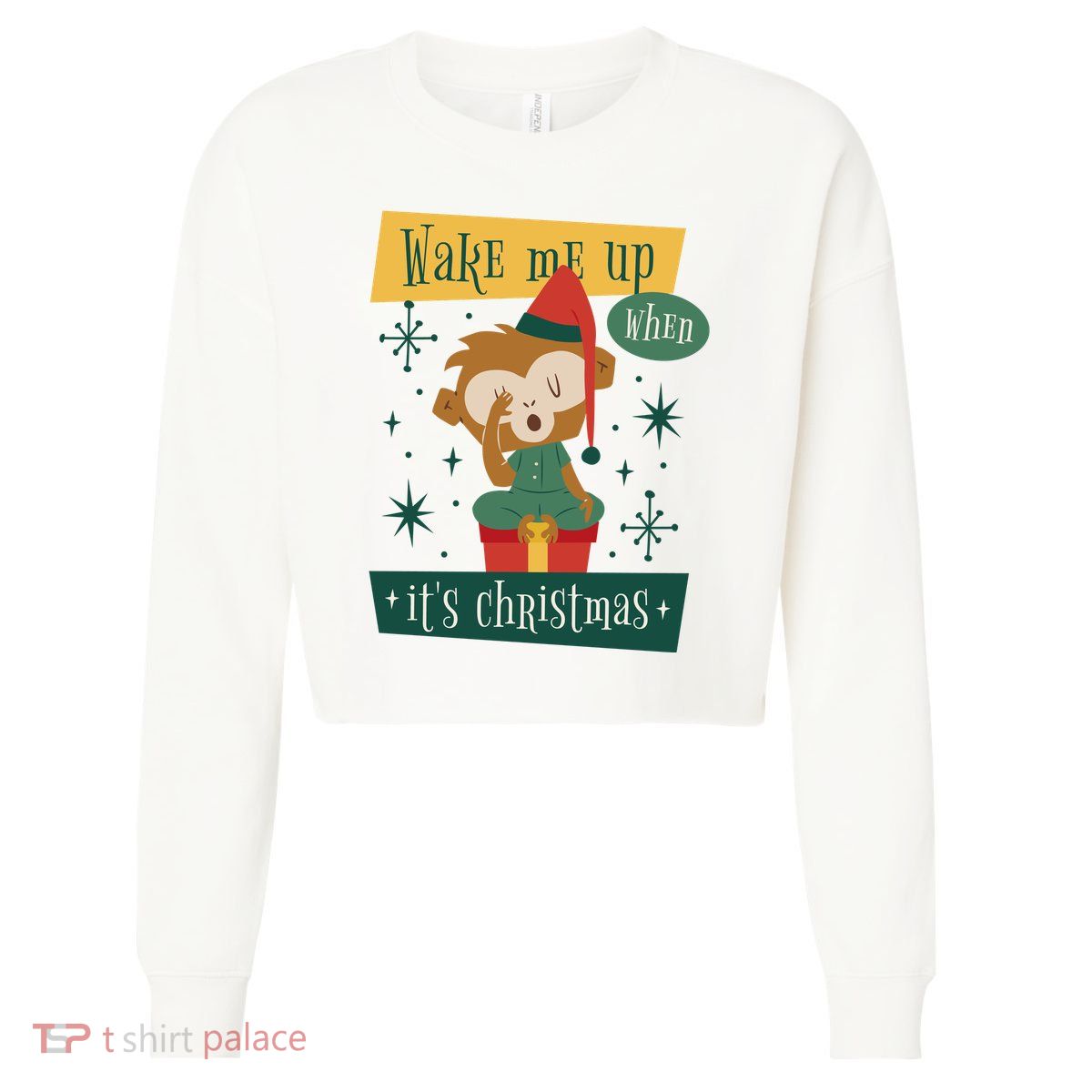 Wake Me Up When It's Christmas Monkey Cute Cropped Pullover Crew