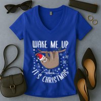 Wake Me Up When ItS Christmas Funny Sloth Xmas Gift Women's V-Neck T-Shirt