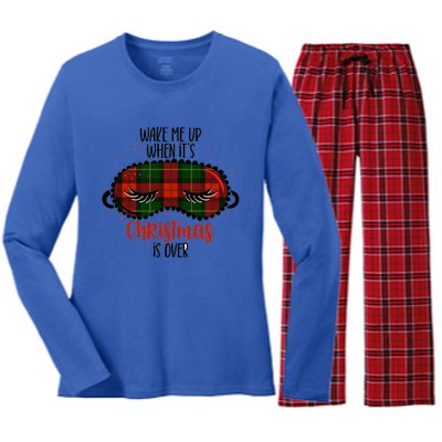 Wake Me Up When ItS Christmas Sleep Mask Buffalo Red Plaid Funny Gift Women's Long Sleeve Flannel Pajama Set 