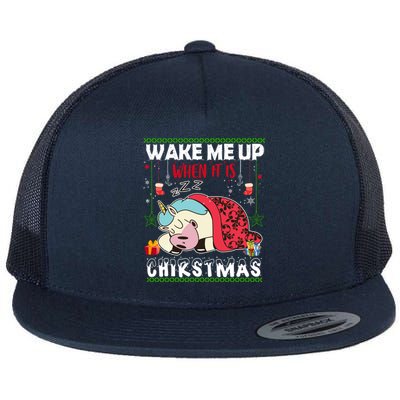 Wake Me Up When It's Christmas Unicorn Sleep Lover Xmas Gift Flat Bill Trucker Hat