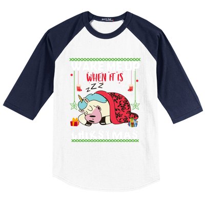 Wake Me Up When It's Christmas Unicorn Sleep Lover Xmas Gift Baseball Sleeve Shirt