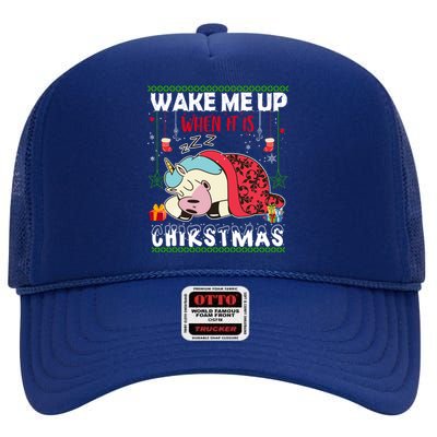 Wake Me Up When It's Christmas Unicorn Sleep Lover Xmas Gift High Crown Mesh Back Trucker Hat