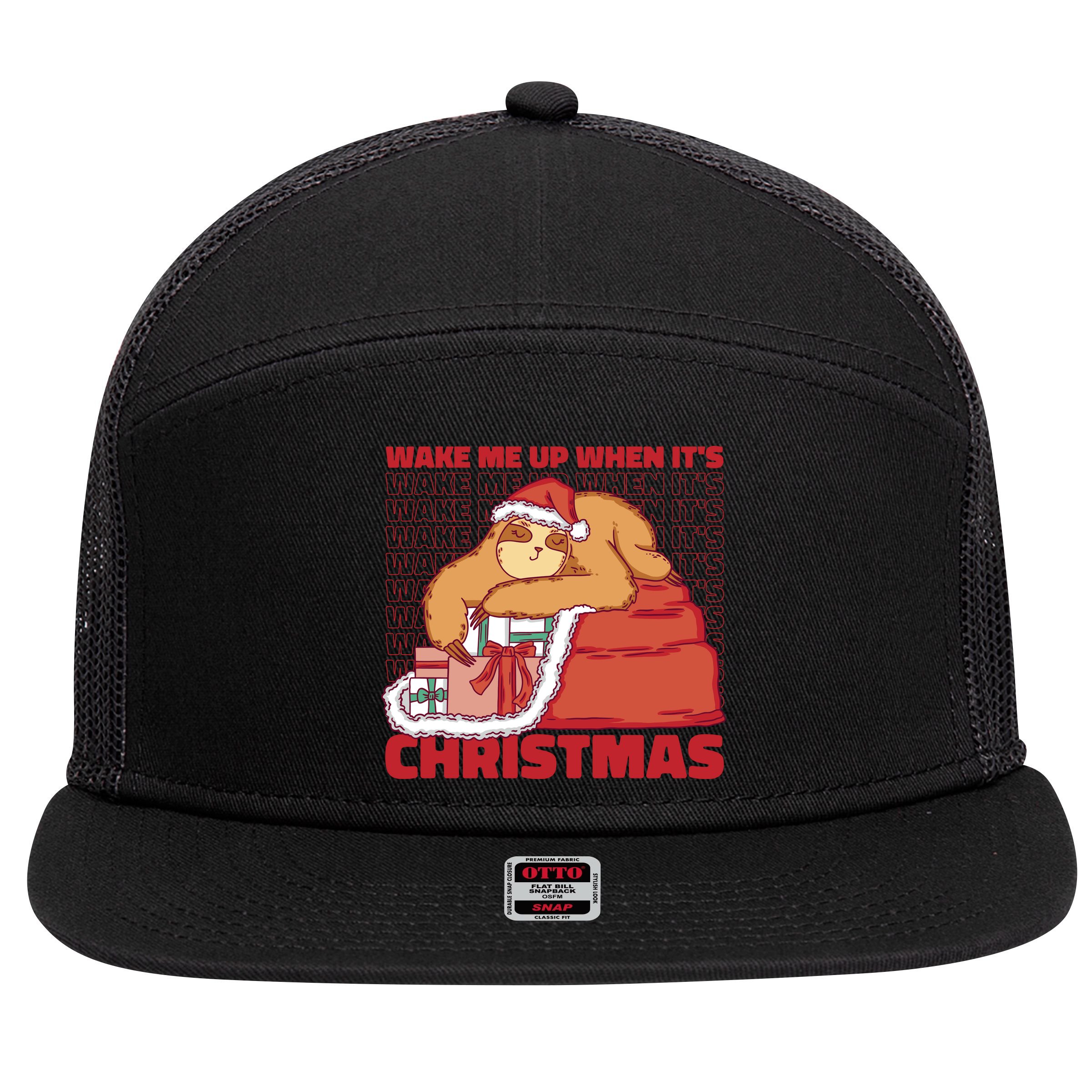 Wake Me Up When It's Christmas Sleeping Sloth 7 Panel Mesh Trucker Snapback Hat