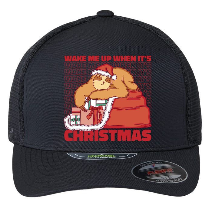 Wake Me Up When It's Christmas Sleeping Sloth Flexfit Unipanel Trucker Cap