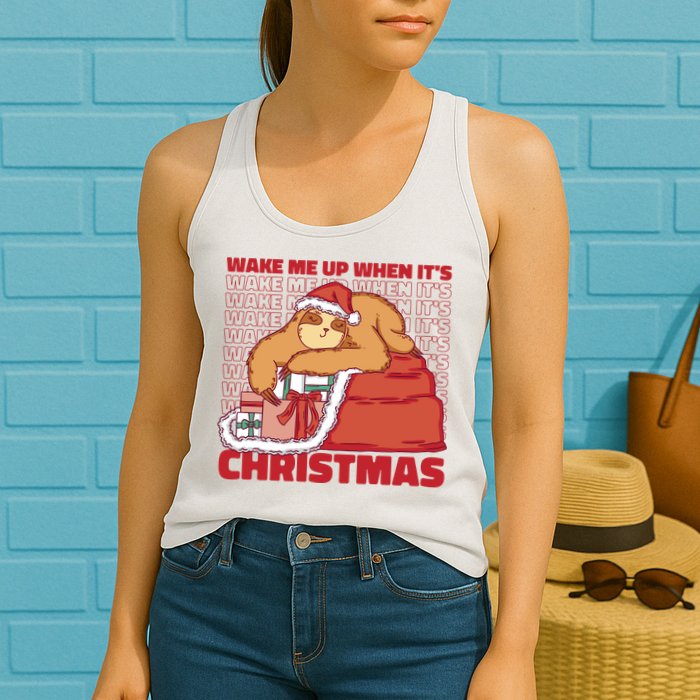 Wake Me Up When It's Christmas Sleeping Sloth Womens Tank Top