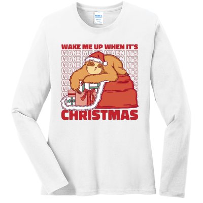 Wake Me Up When It's Christmas Sleeping Sloth Ladies Long Sleeve Shirt