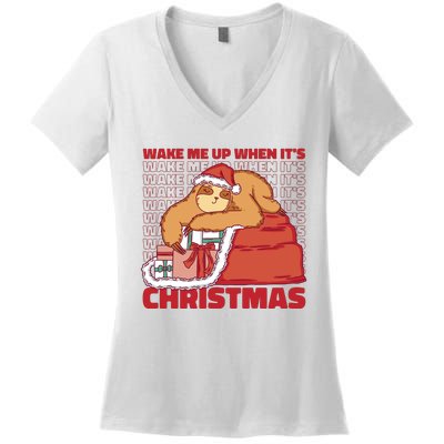 Wake Me Up When It's Christmas Sleeping Sloth Women's V-Neck T-Shirt