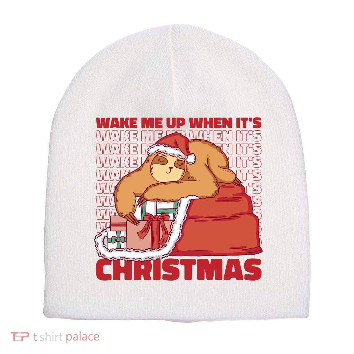 Wake Me Up When It's Christmas Sleeping Sloth Short Acrylic Beanie