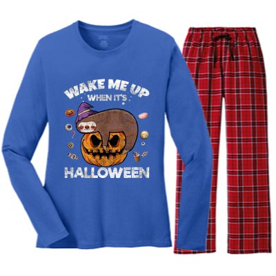 Wake Me Up When Its Halloween Sloth Halloween Graphic Gift Cute Gift Women's Long Sleeve Flannel Pajama Set 