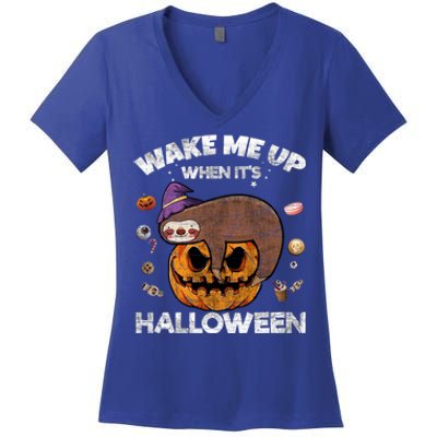 Wake Me Up When Its Halloween Sloth Halloween Graphic Gift Cute Gift Women's V-Neck T-Shirt