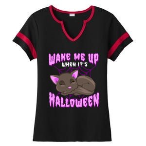 Wake Me Up When Its Halloween Black Cat Gift Ladies Halftime Notch Neck Tee