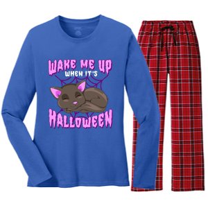 Wake Me Up When Its Halloween Black Cat Gift Women's Long Sleeve Flannel Pajama Set 