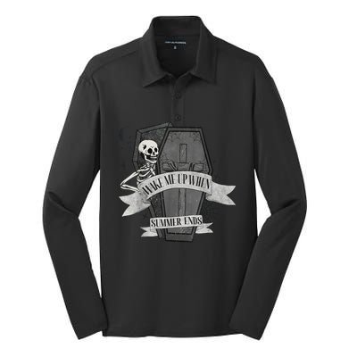 Wake Me Up When Summer Ends Funny Skeleton Halloween Gift Silk Touch Performance Long Sleeve Polo