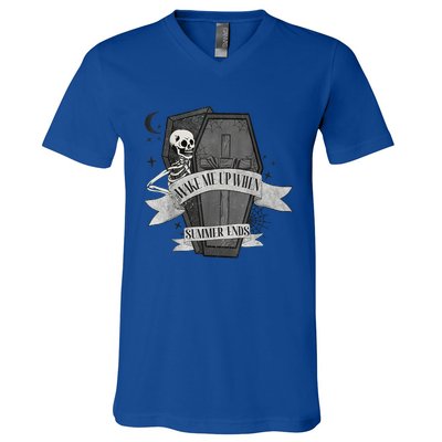 Wake Me Up When Summer Ends Funny Skeleton Halloween Gift V-Neck T-Shirt