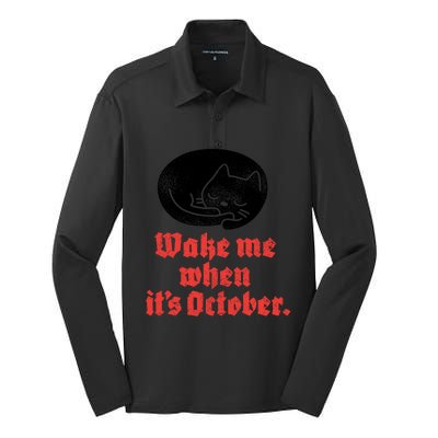 Wake Me When Its October Sleeping Black Cat Cute Gift Silk Touch Performance Long Sleeve Polo