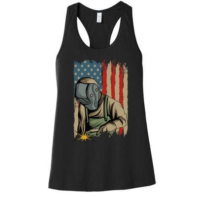 Welder Metal Worker Welding Blacksmithing July 4 US Flag Women's Racerback Tank