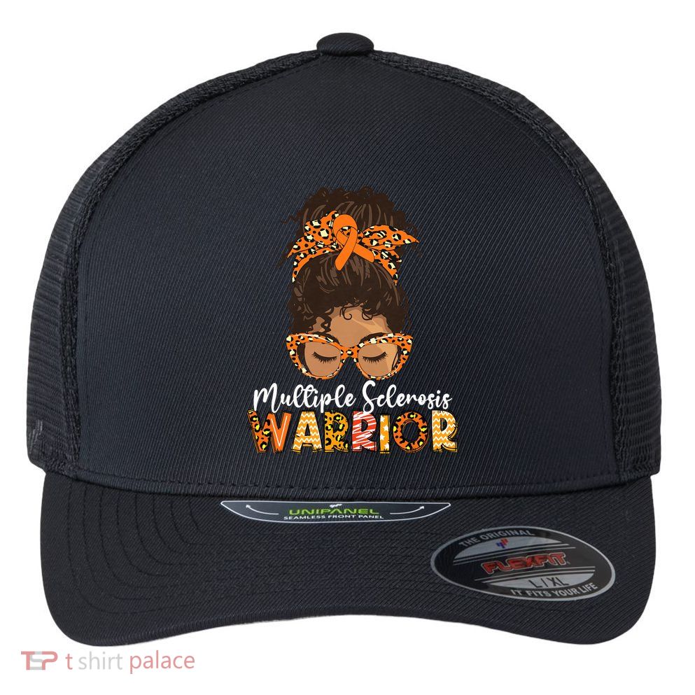 Womens MS Warrior Messy Bun - Multiple Sclerosis Awareness Flexfit Unipanel Trucker Cap