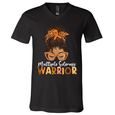 Womens MS Warrior Messy Bun - Multiple Sclerosis Awareness V-Neck T-Shirt