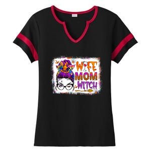 Wife Mom Witch Messy Bun Hair Skull Halloween Costumes Gift Ladies Halftime Notch Neck Tee