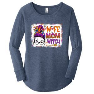 Wife Mom Witch Messy Bun Hair Skull Halloween Costumes Gift Women's Perfect Tri Tunic Long Sleeve Shirt