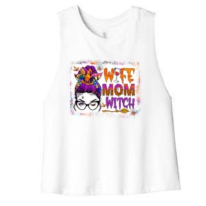 Wife Mom Witch Messy Bun Hair Skull Halloween Costumes Gift Women's Racerback Cropped Tank