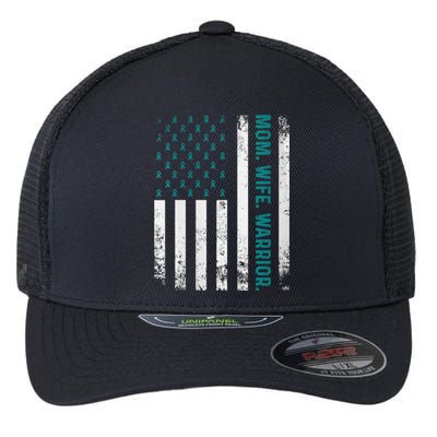 Wo Mom. Wife. Warrior. Ovarian Cancer Awareness Flexfit Unipanel Trucker Cap