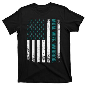 Wo Mom. Wife. Warrior. Ovarian Cancer Awareness T-Shirt