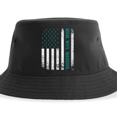 Wo Mom. Wife. Warrior. Ovarian Cancer Awareness Sustainable Bucket Hat