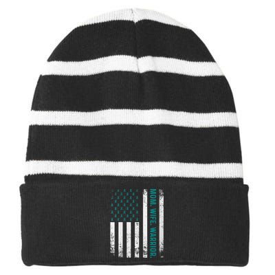 Wo Mom. Wife. Warrior. Ovarian Cancer Awareness Striped Beanie with Solid Band