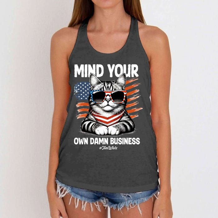 Walz Mind Your Own Damn Business Harris Waltz Cat Lady Women's Knotted Racerback Tank