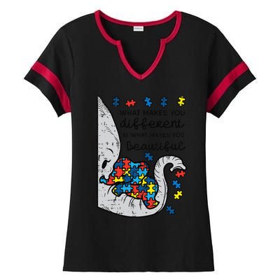 What Makes You Different Beautiful Elephant Autism Awareness Ladies Halftime Notch Neck Tee