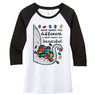 What Makes You Different Beautiful Elephant Autism Awareness Women's Tri-Blend 3/4-Sleeve Raglan Shirt