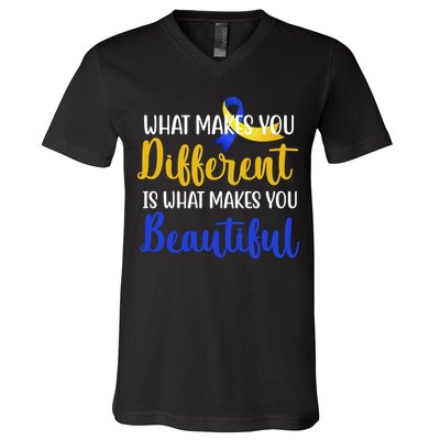 What Makes You Different Is What Makes You Beautiful Down Syndrome V-Neck T-Shirt