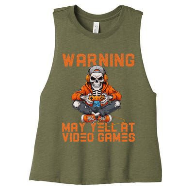 Warning May Yell At Video Games Women's Racerback Cropped Tank