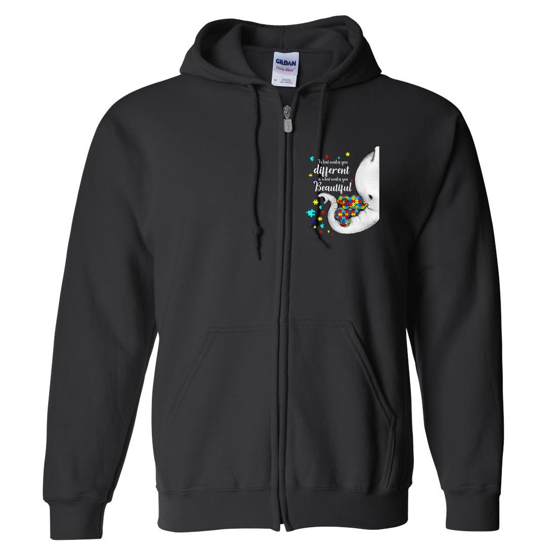 What Makes You Different Elephant Mom Autism Child Awareness Full Zip Hoodie