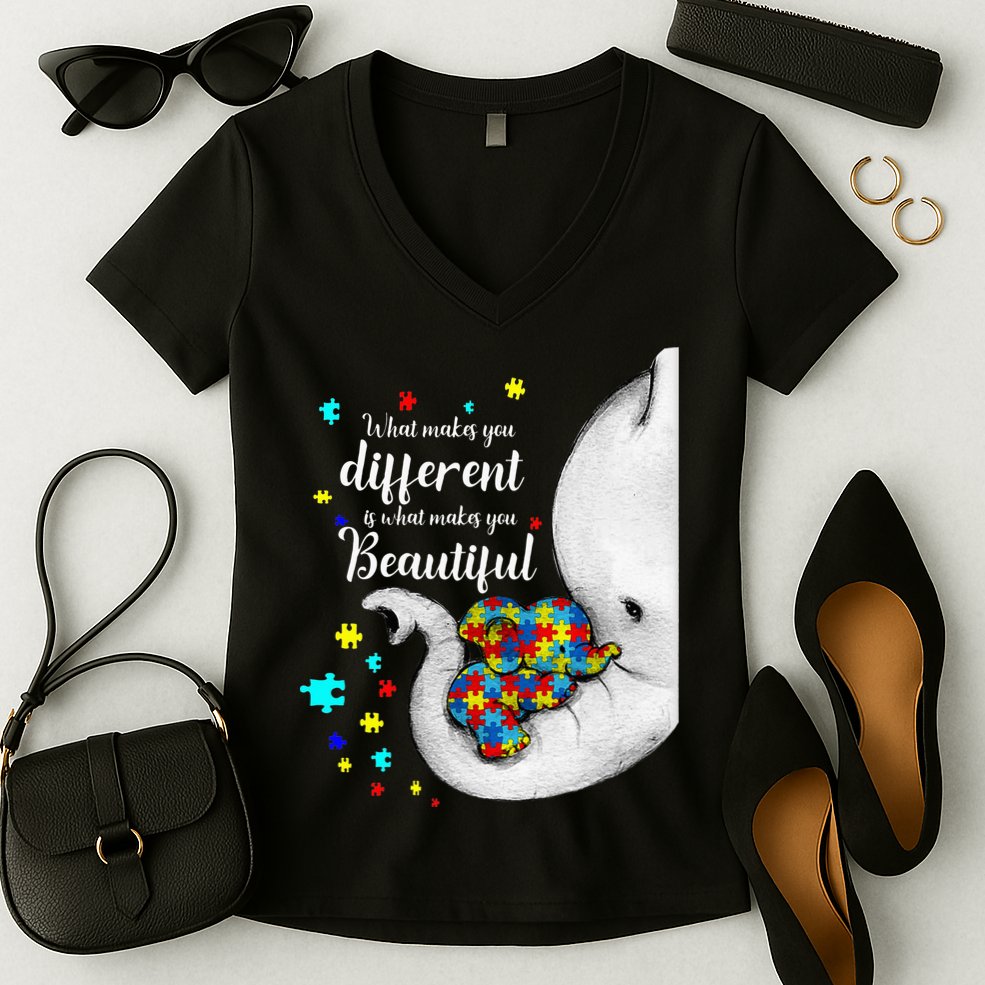 What Makes You Different Elephant Mom Autism Child Awareness Women's V-Neck T-Shirt